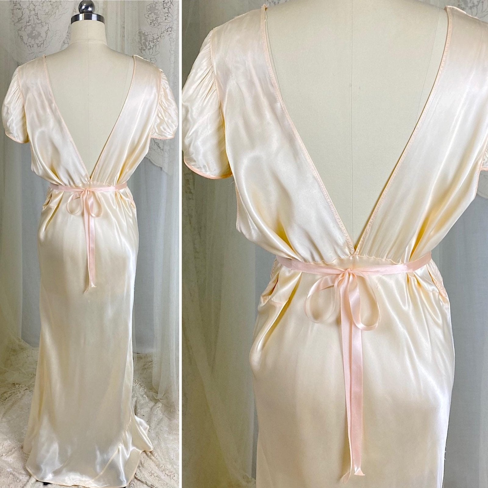 Vintage 1940's Nightgown - Palest Yellow Rayon Satin with Embroidered Organdy Insert - Size XL - XXL - Daggers & Dames