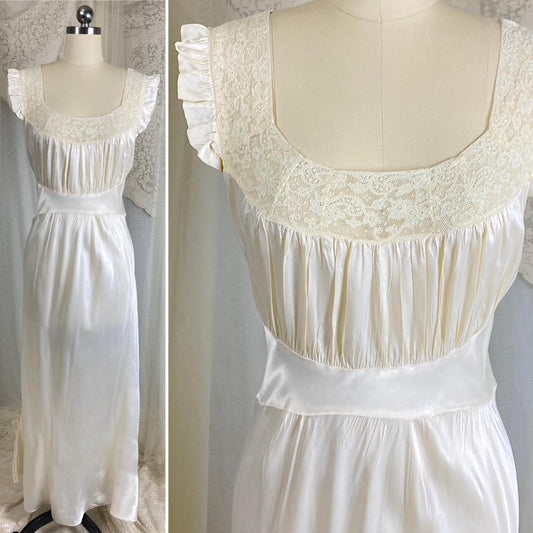 Vintage 1940's Nightgown - Pearl White Rayon Satin with Ivory Cotton Lace - Size M - By Radcliffe - Daggers & Dames