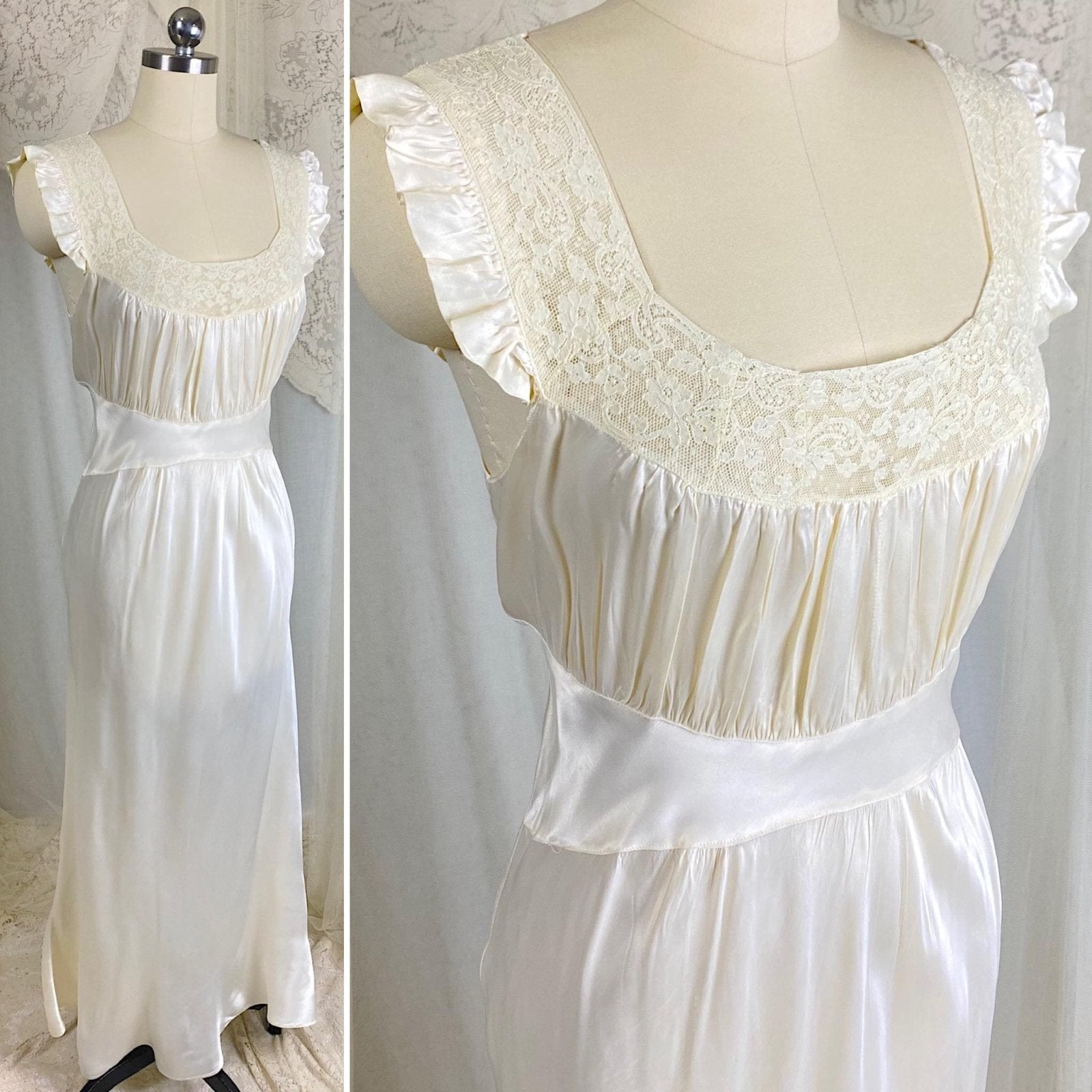 Vintage 1940's Nightgown - Pearl White Rayon Satin with Ivory Cotton Lace - Size M - By Radcliffe - Daggers & Dames