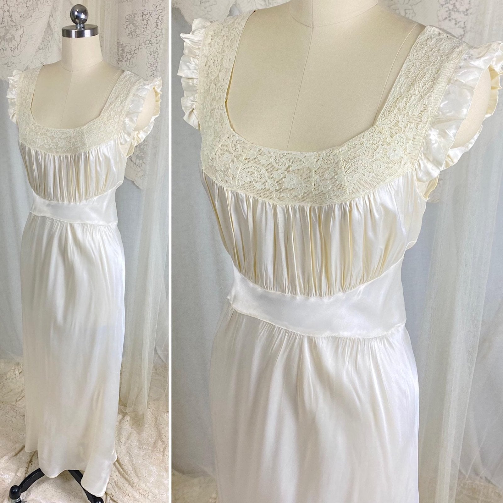 Vintage 1940's Nightgown - Pearl White Rayon Satin with Ivory Cotton Lace - Size M - By Radcliffe - Daggers & Dames