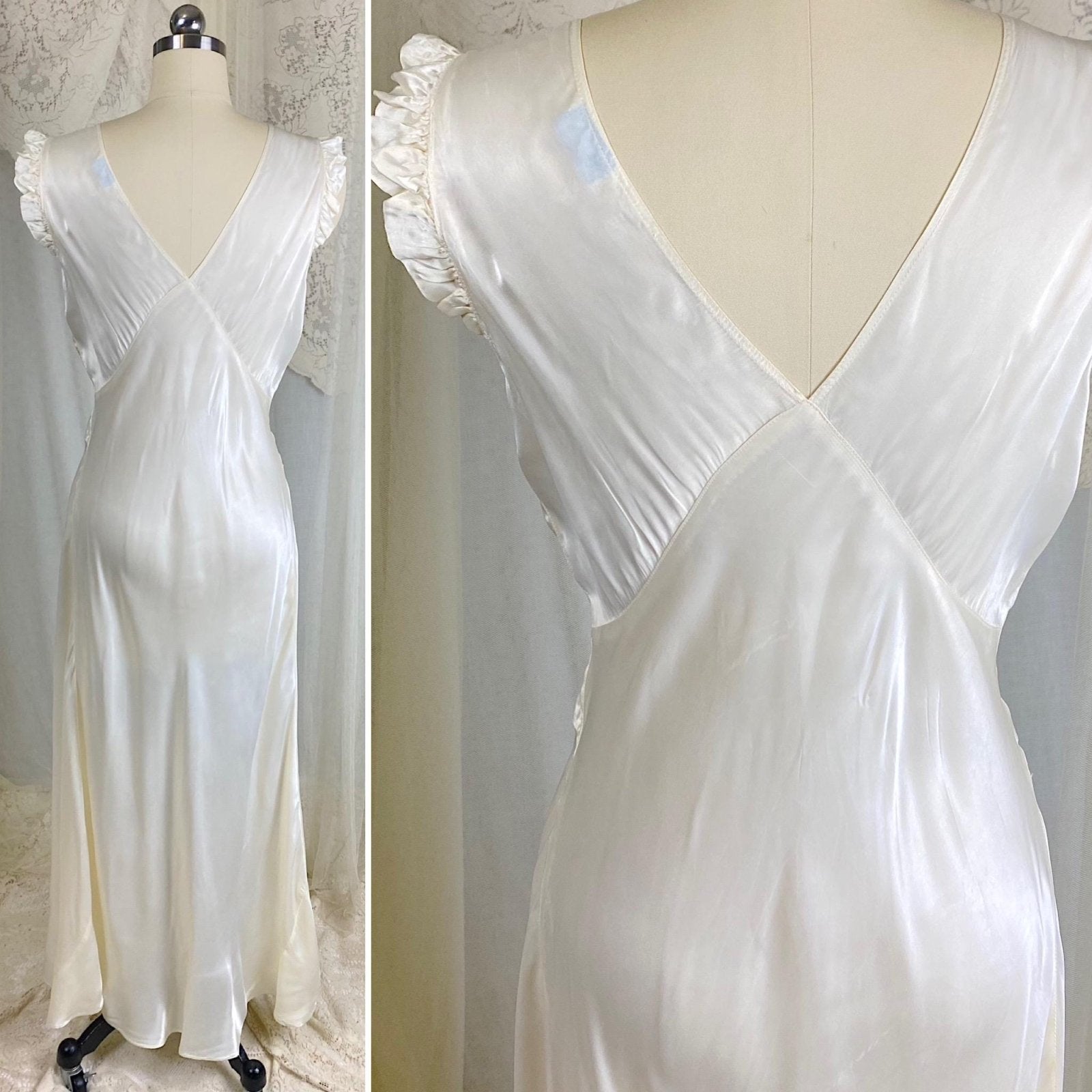 Vintage 1940's Nightgown - Pearl White Rayon Satin with Ivory Cotton Lace - Size M - By Radcliffe - Daggers & Dames