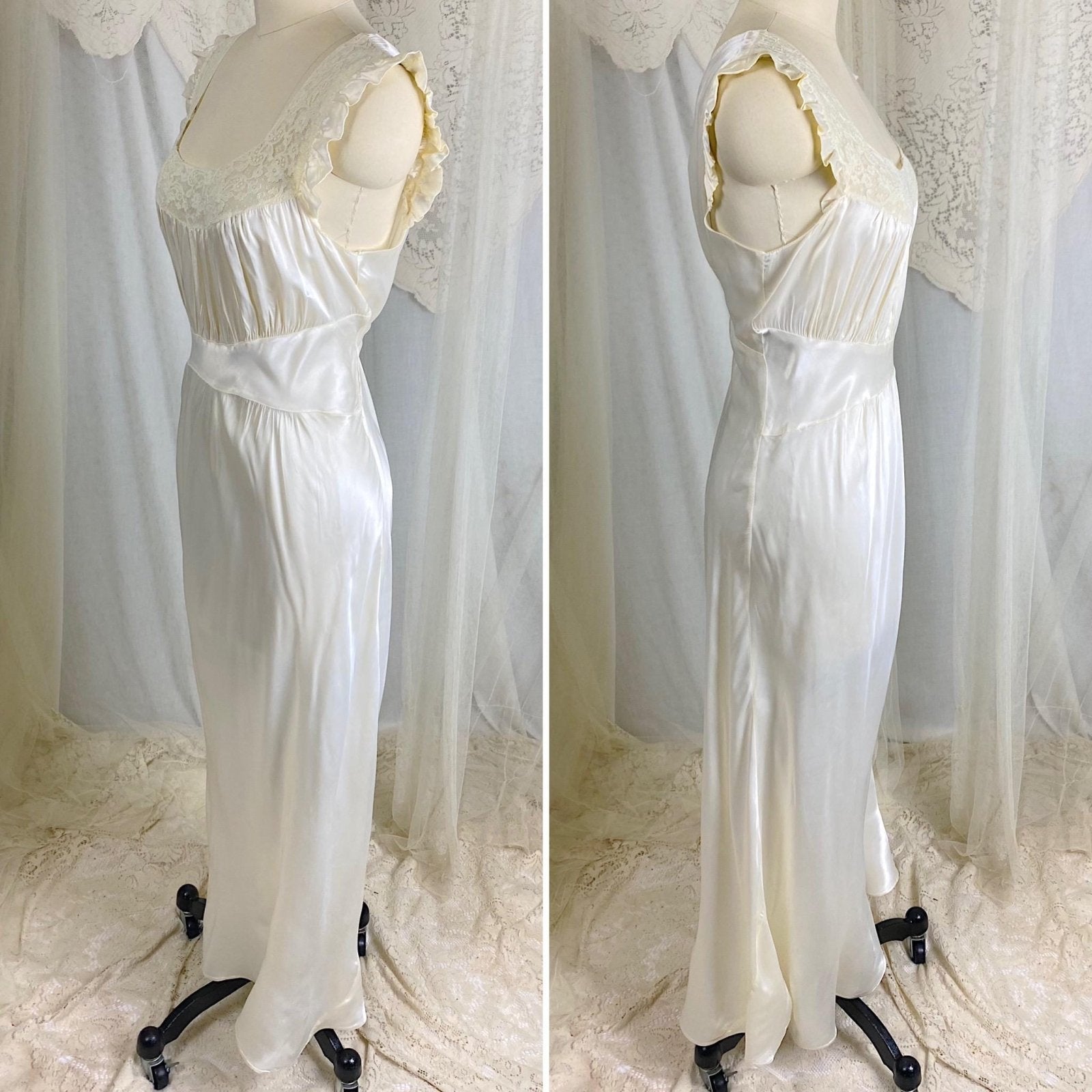 Vintage 1940's Nightgown - Pearl White Rayon Satin with Ivory Cotton Lace - Size M - By Radcliffe - Daggers & Dames