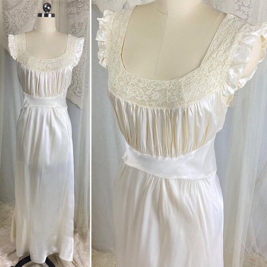 Vintage 1940's Nightgown - Pearl White Rayon Satin with Ivory Cotton Lace - Size M - By Radcliffe - Daggers & Dames