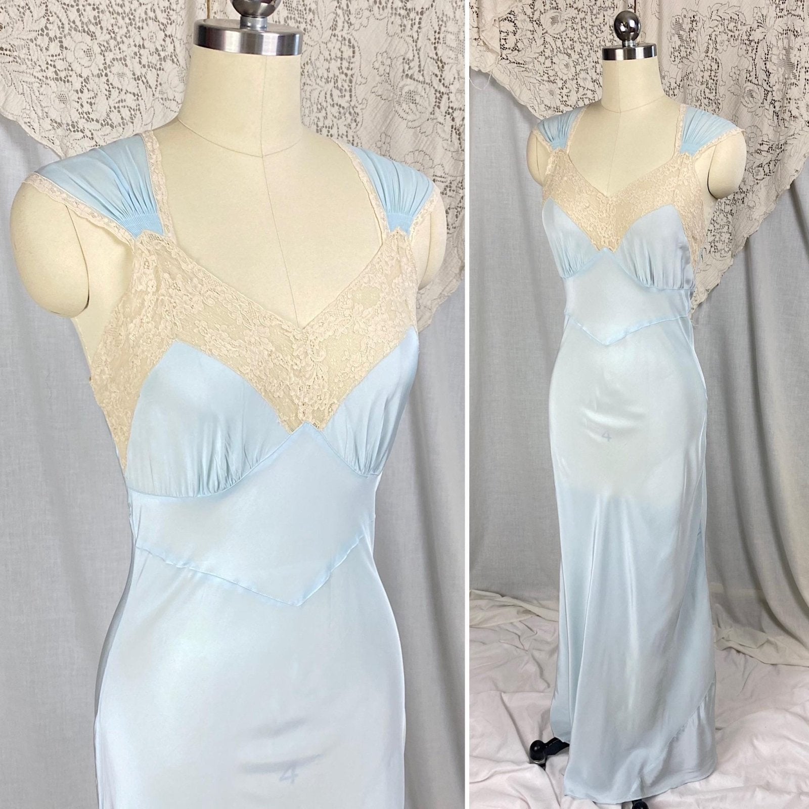 Vintage 1940's Nightgown & Peignoir Set | Baby Blue Rayon with Cream Cotton Lace | Size XS, S | By Wonder Maid - Daggers & Dames