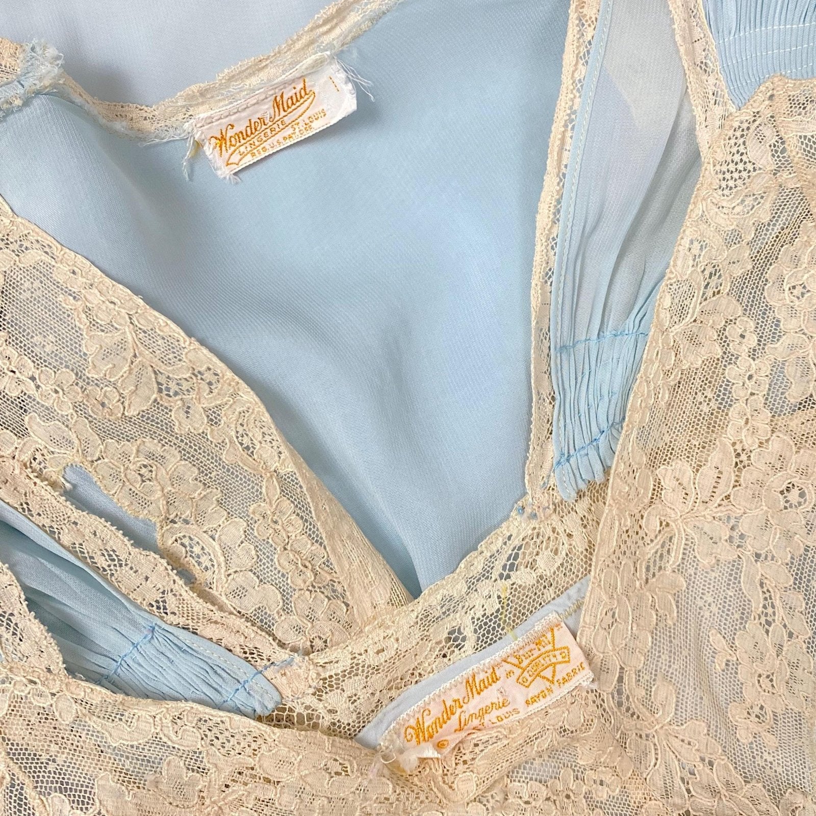 Vintage 1940's Nightgown & Peignoir Set | Baby Blue Rayon with Cream Cotton Lace | Size XS, S | By Wonder Maid - Daggers & Dames