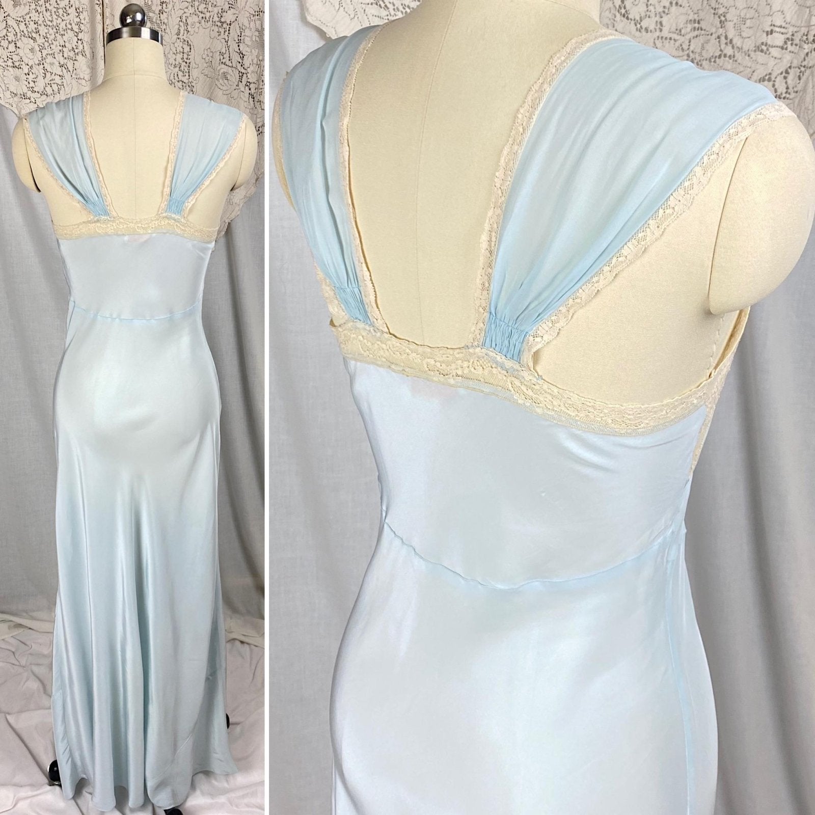 Vintage 1940's Nightgown & Peignoir Set | Baby Blue Rayon with Cream Cotton Lace | Size XS, S | By Wonder Maid - Daggers & Dames