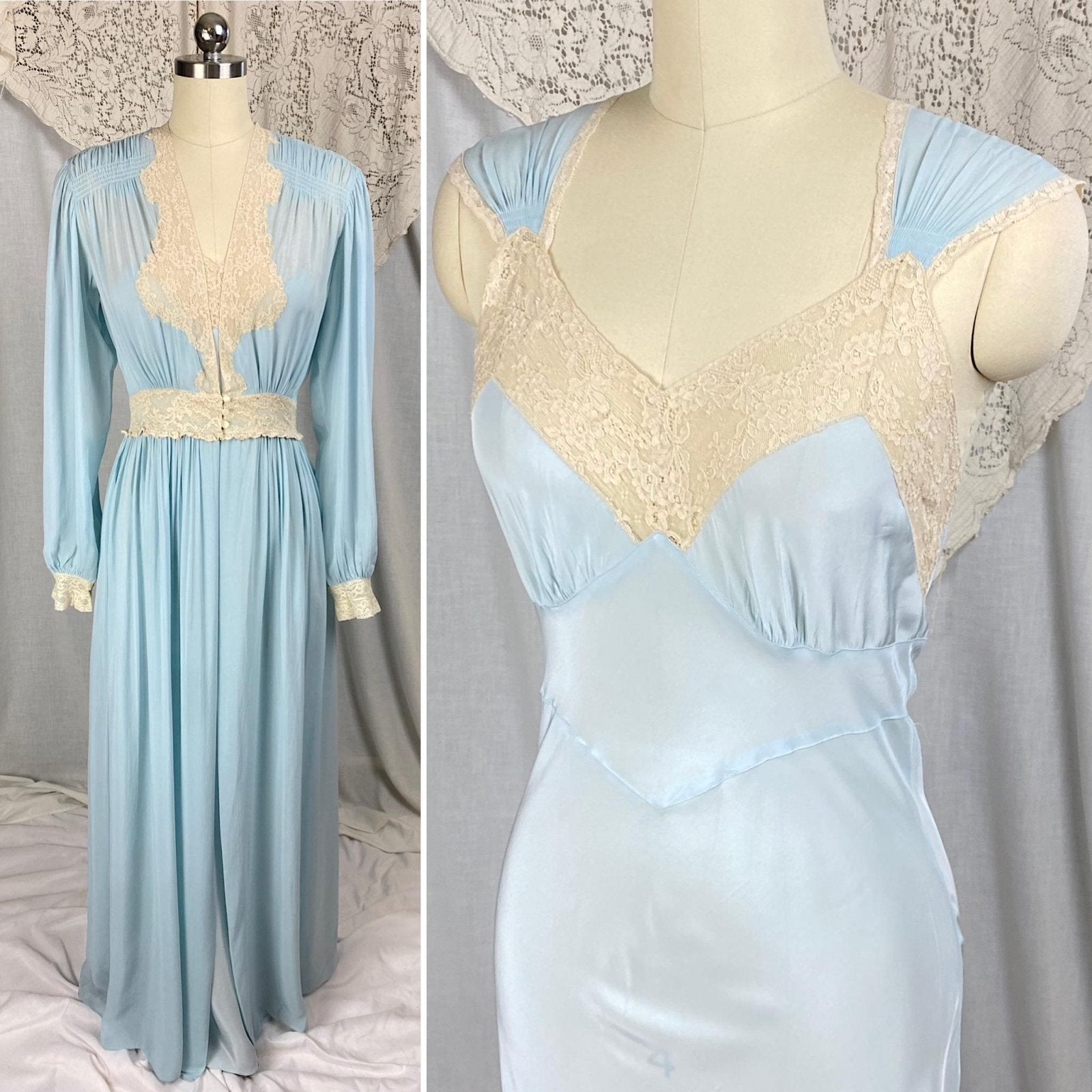 Vintage 1940's Nightgown & Peignoir Set | Baby Blue Rayon with Cream Cotton Lace | Size XS, S | By Wonder Maid - Daggers & Dames