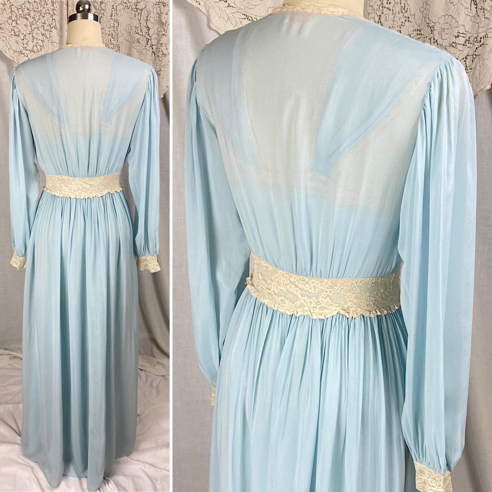 Vintage 1940's Nightgown & Peignoir Set | Baby Blue Rayon with Cream Cotton Lace | Size XS, S | By Wonder Maid - Daggers & Dames