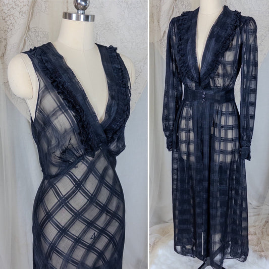 Vintage 1940's Nightgown & Peignoir Set - Sheer Black Rayon Chiffon with Shadow Plain Print | Medium - Daggers & Dames