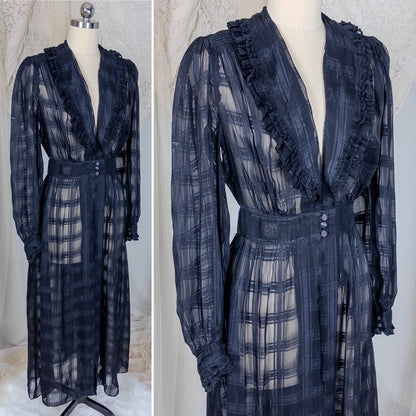 Vintage 1940's Nightgown & Peignoir Set - Sheer Black Rayon Chiffon with Shadow Plain Print | Medium - Daggers & Dames