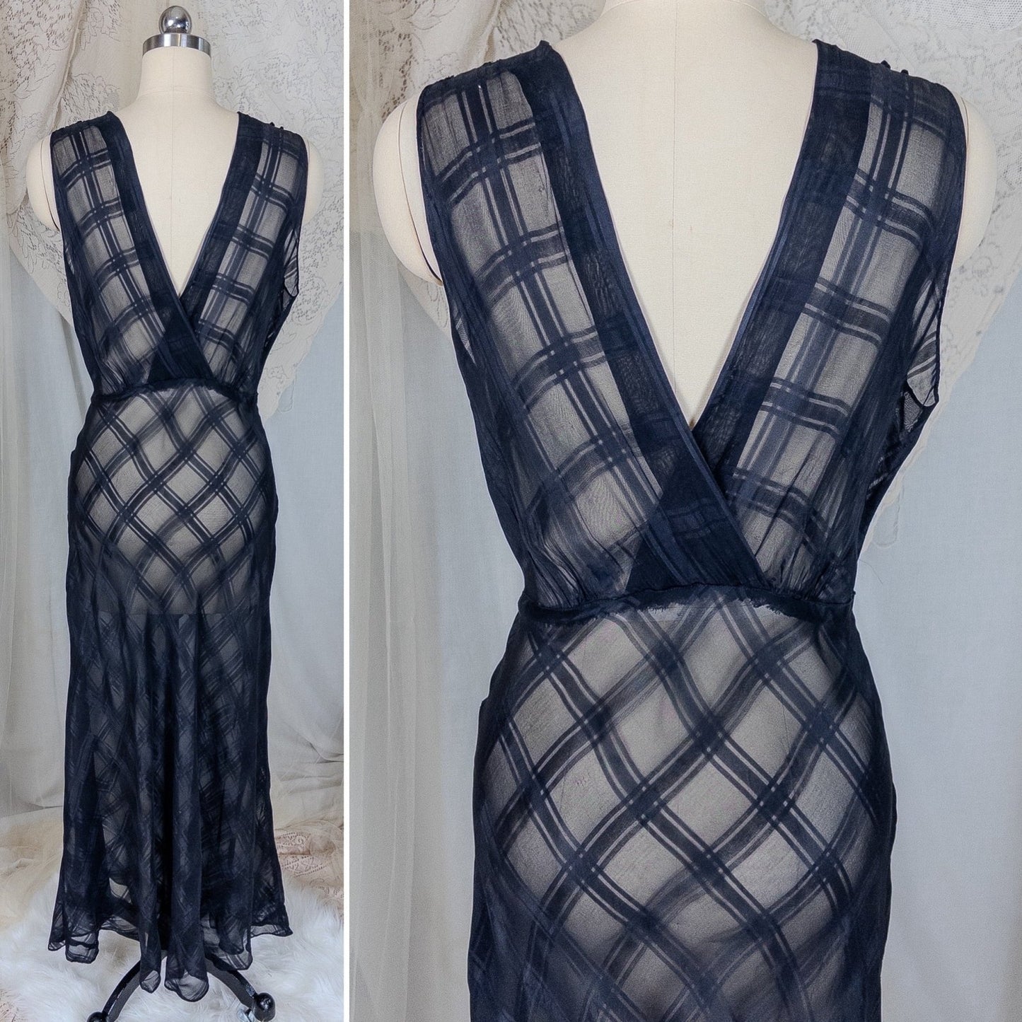 Vintage 1940's Nightgown & Peignoir Set - Sheer Black Rayon Chiffon with Shadow Plain Print | Medium - Daggers & Dames