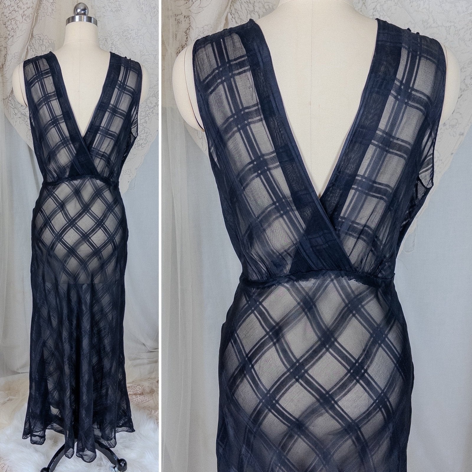 Vintage 1940's Nightgown & Peignoir Set - Sheer Black Rayon Chiffon with Shadow Plain Print | Medium - Daggers & Dames