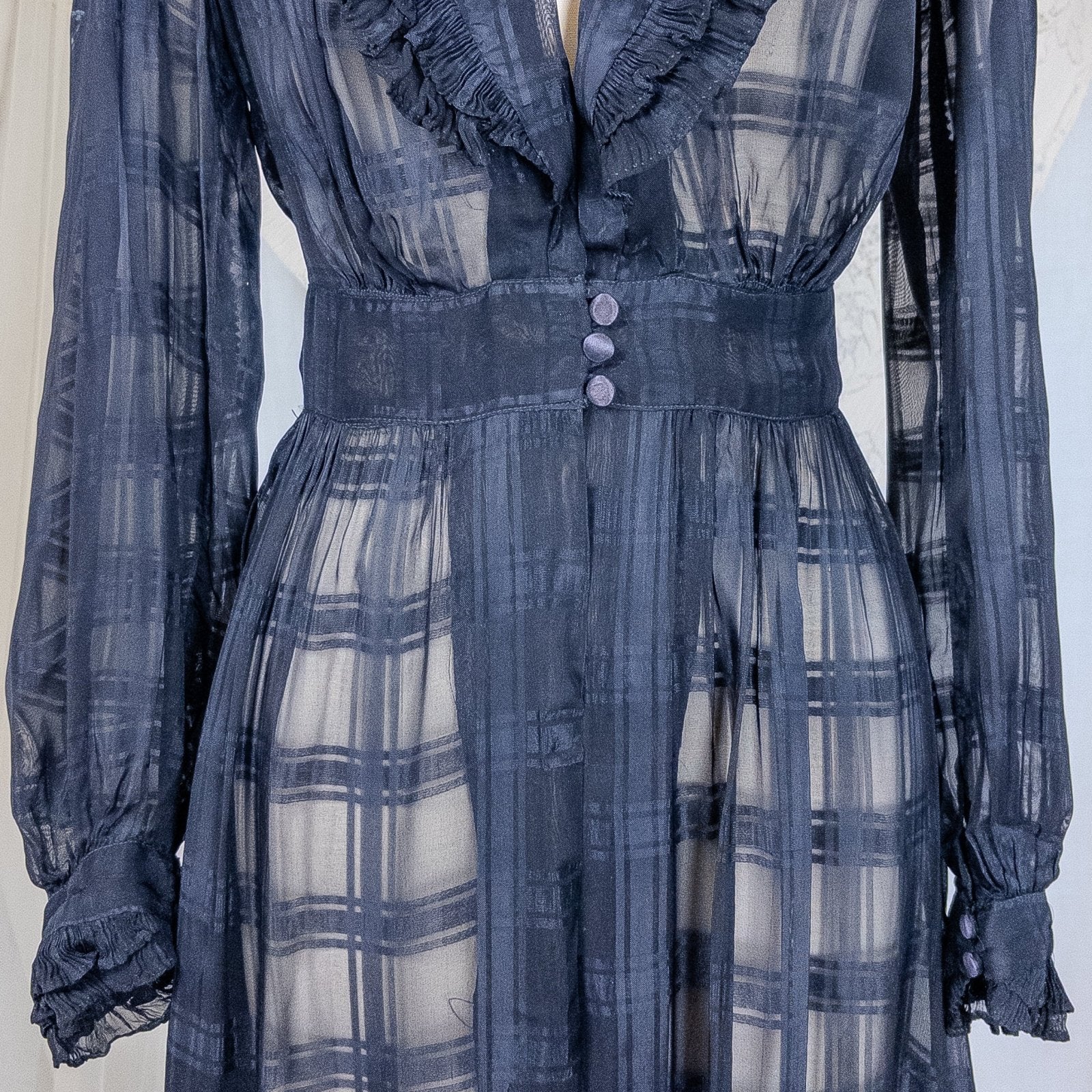 Vintage 1940's Nightgown & Peignoir Set - Sheer Black Rayon Chiffon with Shadow Plain Print | Medium - Daggers & Dames