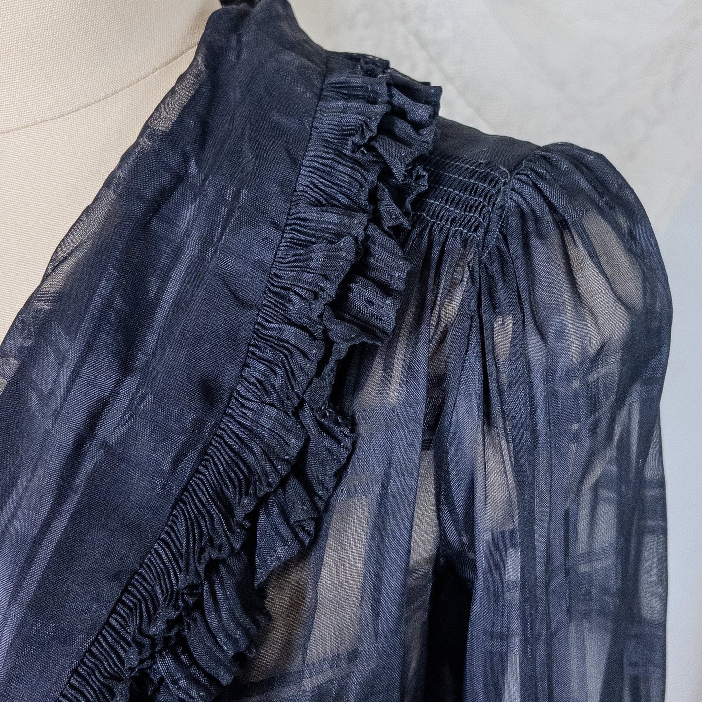 Vintage 1940's Nightgown & Peignoir Set - Sheer Black Rayon Chiffon with Shadow Plain Print | Medium - Daggers & Dames