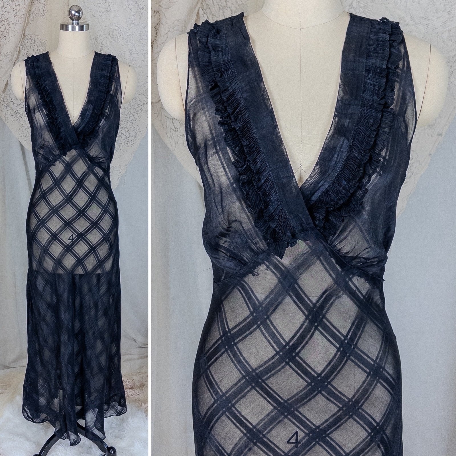 Vintage 1940's Nightgown & Peignoir Set - Sheer Black Rayon Chiffon with Shadow Plain Print | Medium - Daggers & Dames