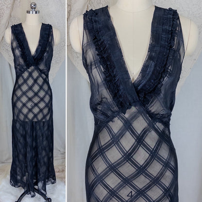Vintage 1940's Nightgown & Peignoir Set - Sheer Black Rayon Chiffon with Shadow Plain Print | Medium - Daggers & Dames