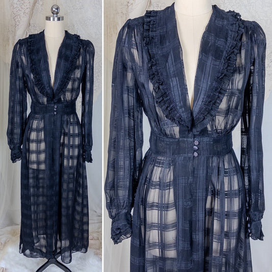Vintage 1940's Nightgown & Peignoir Set - Sheer Black Rayon Chiffon with Shadow Plain Print | Medium - Daggers & Dames