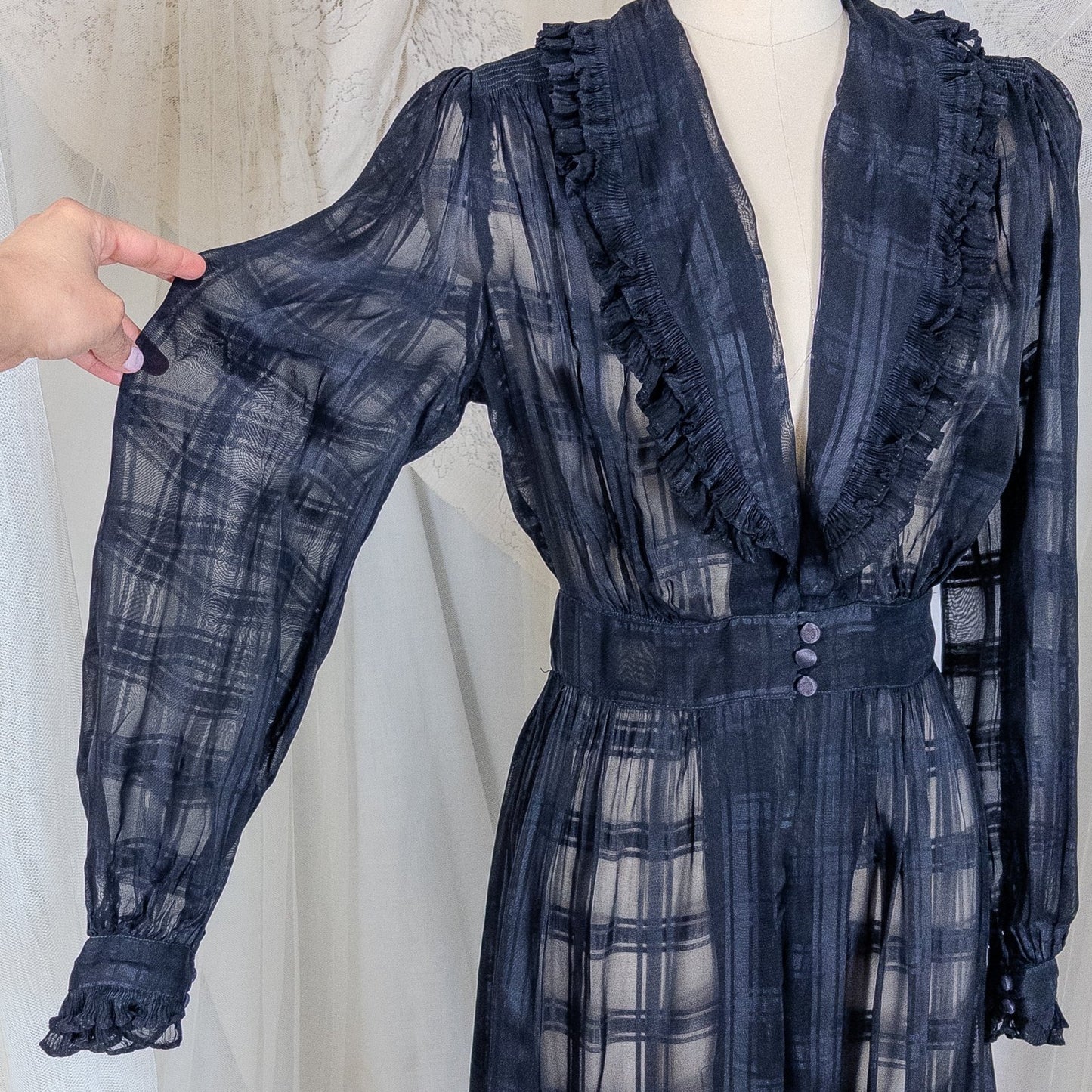 Vintage 1940's Nightgown & Peignoir Set - Sheer Black Rayon Chiffon with Shadow Plain Print | Medium - Daggers & Dames