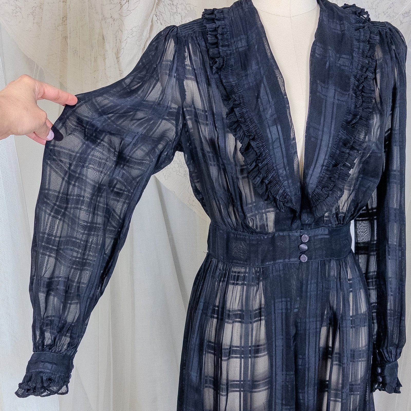 Vintage 1940's Nightgown & Peignoir Set - Sheer Black Rayon Chiffon with Shadow Plain Print | Medium - Daggers & Dames