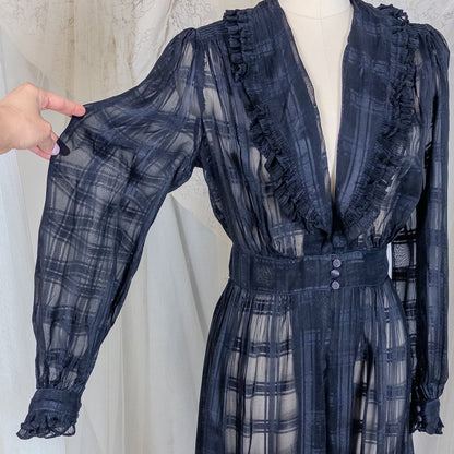 Vintage 1940's Nightgown & Peignoir Set - Sheer Black Rayon Chiffon with Shadow Plain Print | Medium - Daggers & Dames