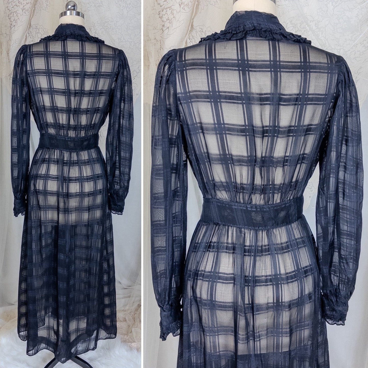 Vintage 1940's Nightgown & Peignoir Set - Sheer Black Rayon Chiffon with Shadow Plain Print | Medium - Daggers & Dames