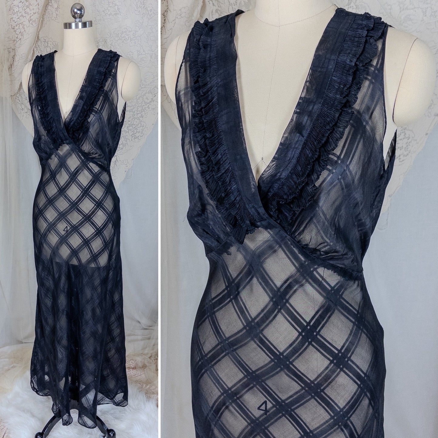 Vintage 1940's Nightgown & Peignoir Set - Sheer Black Rayon Chiffon with Shadow Plain Print | Medium - Daggers & Dames