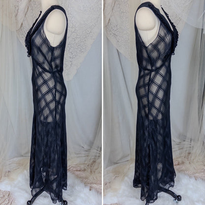Vintage 1940's Nightgown & Peignoir Set - Sheer Black Rayon Chiffon with Shadow Plain Print | Medium - Daggers & Dames