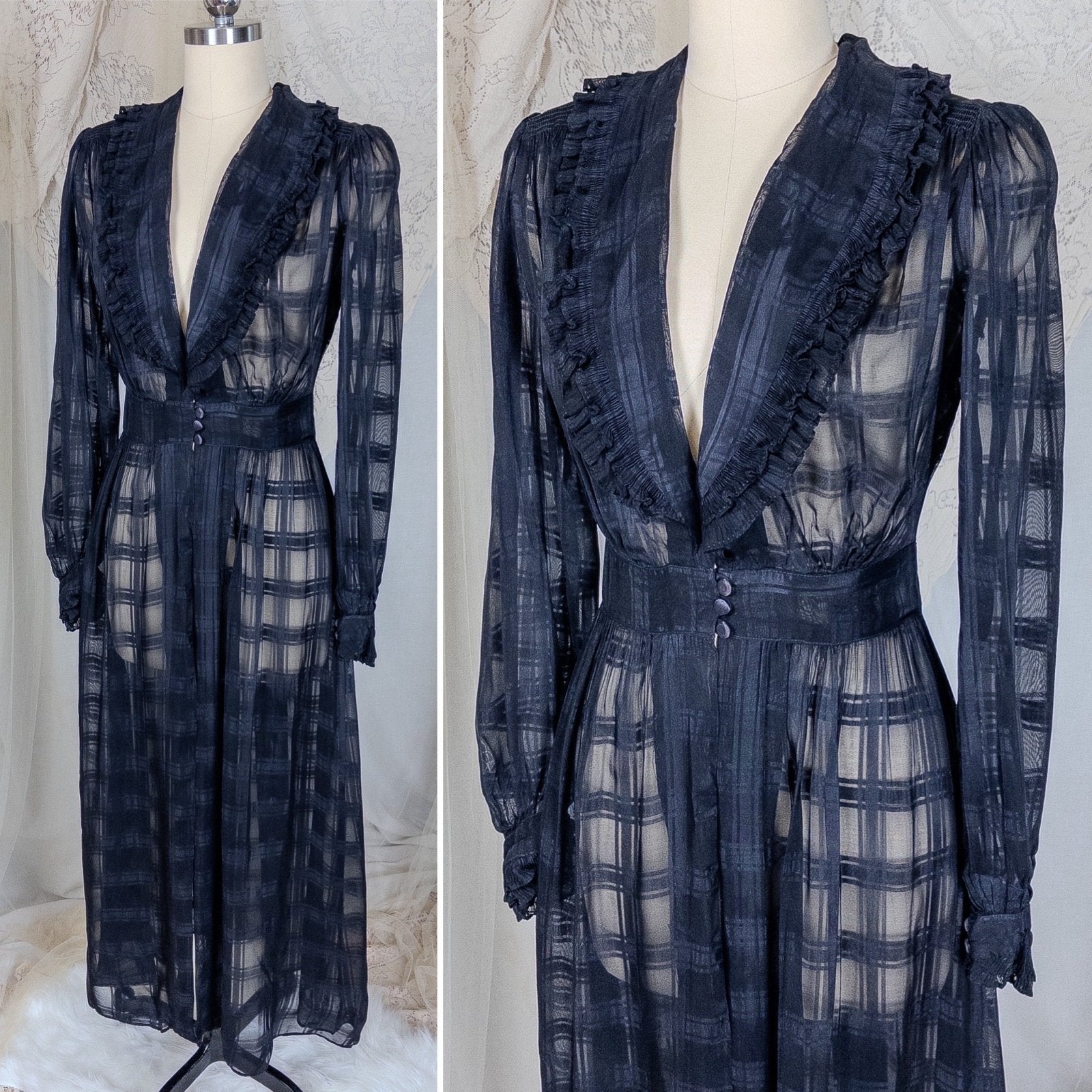 Vintage 1940's Nightgown & Peignoir Set - Sheer Black Rayon Chiffon with Shadow Plain Print | Medium - Daggers & Dames