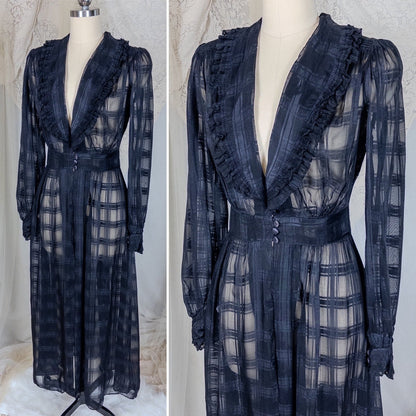 Vintage 1940's Nightgown & Peignoir Set - Sheer Black Rayon Chiffon with Shadow Plain Print | Medium - Daggers & Dames