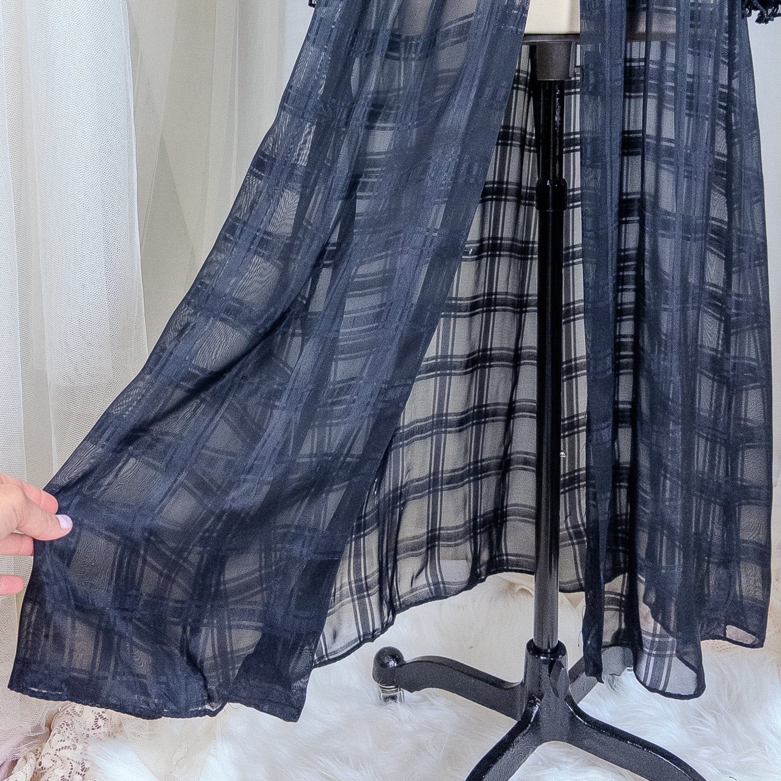 Vintage 1940's Nightgown & Peignoir Set - Sheer Black Rayon Chiffon with Shadow Plain Print | Medium - Daggers & Dames