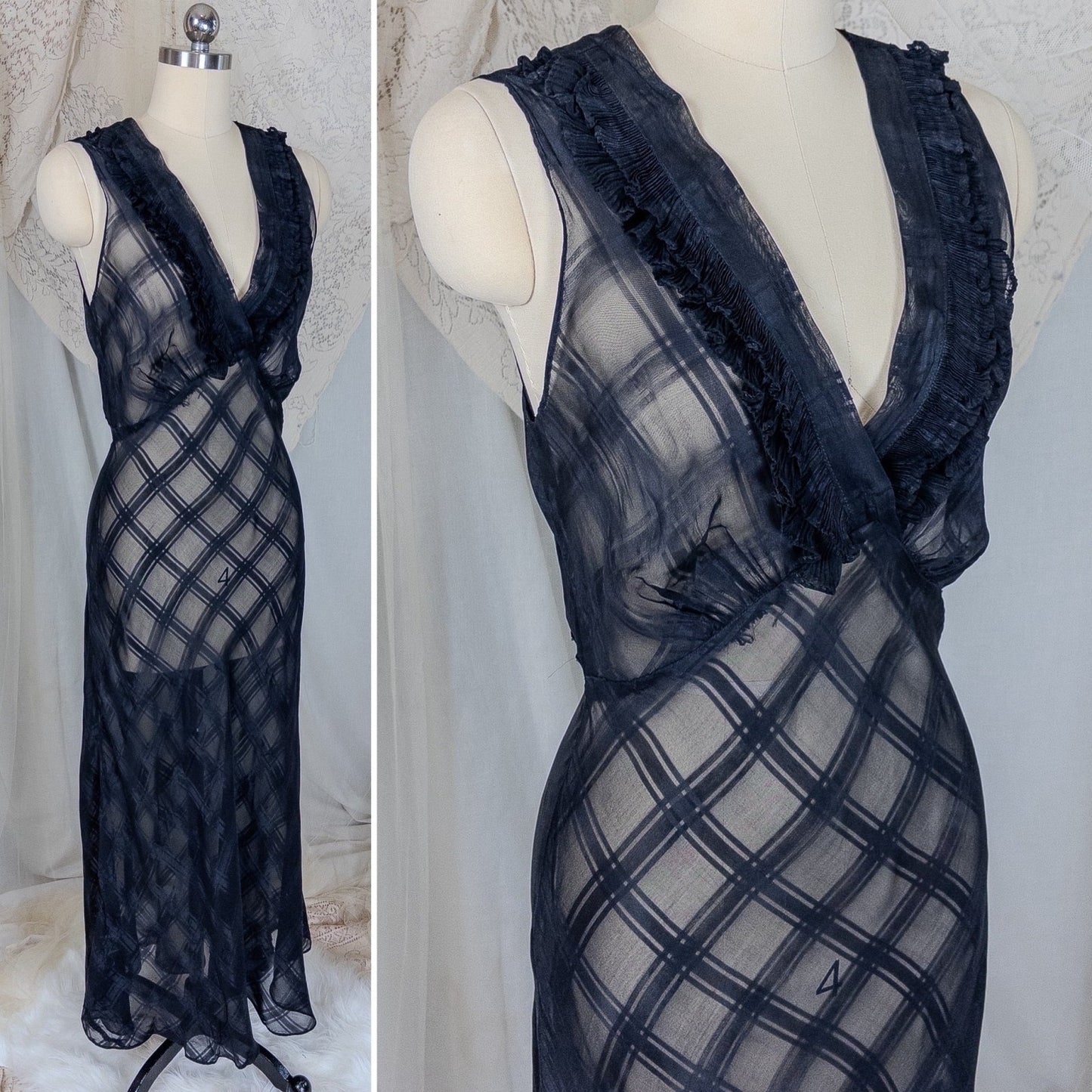Vintage 1940's Nightgown & Peignoir Set - Sheer Black Rayon Chiffon with Shadow Plain Print | Medium - Daggers & Dames