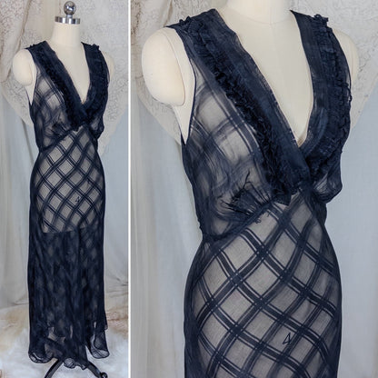 Vintage 1940's Nightgown & Peignoir Set - Sheer Black Rayon Chiffon with Shadow Plain Print | Medium - Daggers & Dames