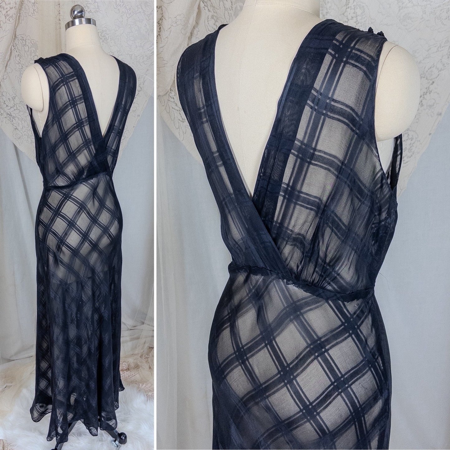 Vintage 1940's Nightgown & Peignoir Set - Sheer Black Rayon Chiffon with Shadow Plain Print | Medium - Daggers & Dames