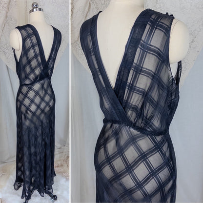 Vintage 1940's Nightgown & Peignoir Set - Sheer Black Rayon Chiffon with Shadow Plain Print | Medium - Daggers & Dames
