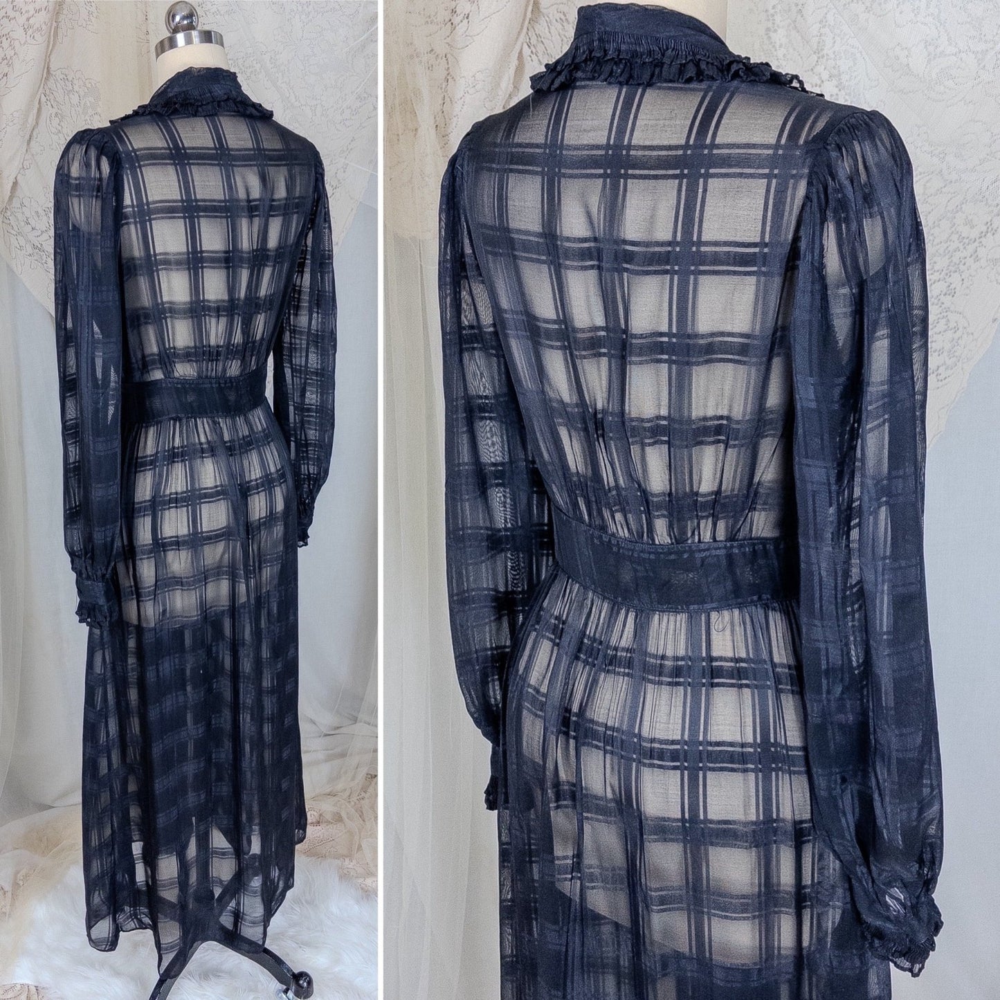 Vintage 1940's Nightgown & Peignoir Set - Sheer Black Rayon Chiffon with Shadow Plain Print | Medium - Daggers & Dames