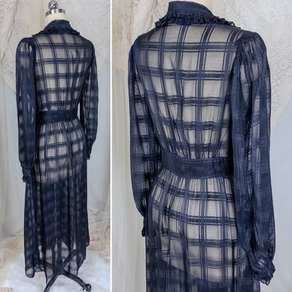 Vintage 1940's Nightgown & Peignoir Set - Sheer Black Rayon Chiffon with Shadow Plain Print | Medium - Daggers & Dames