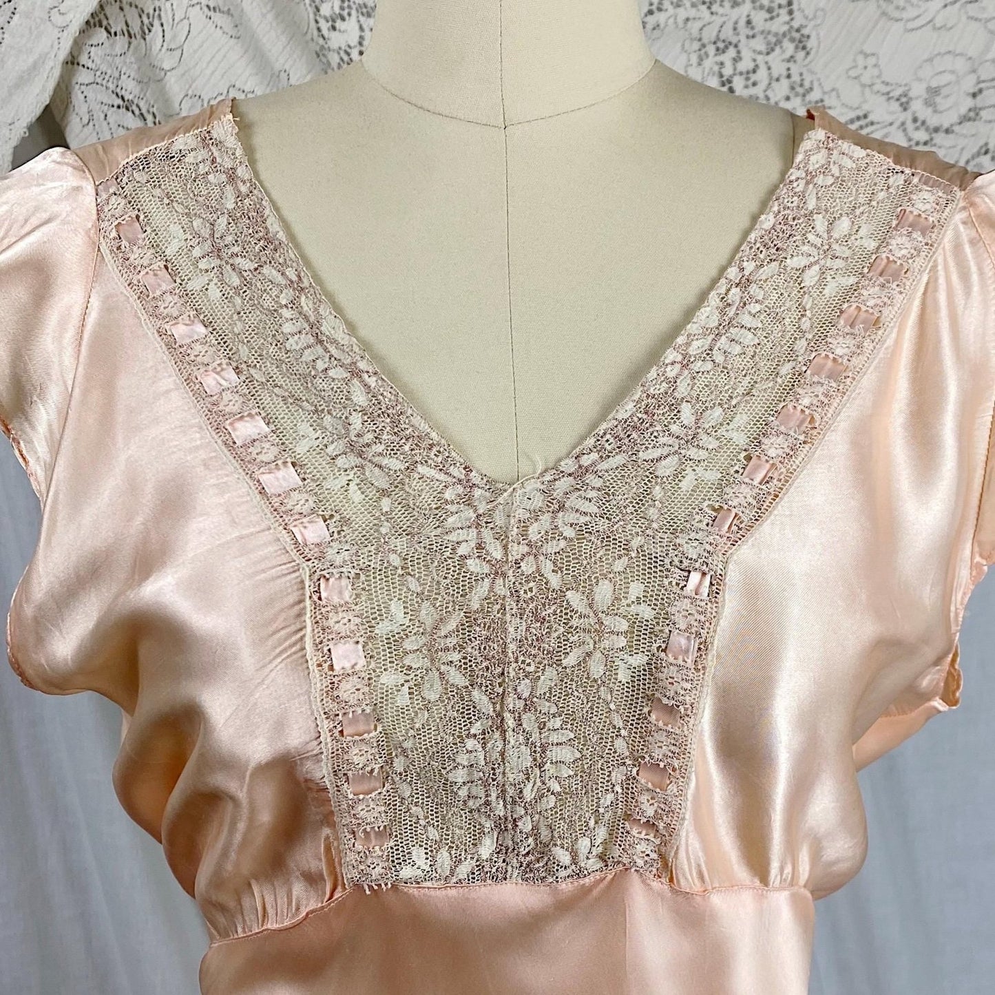 Vintage 1940's Nightgown | Rose Gold Pink Rayon Satin with Ecru Cotton Lace & Woven Ribbon Detail | Size S, M - Daggers & Dames