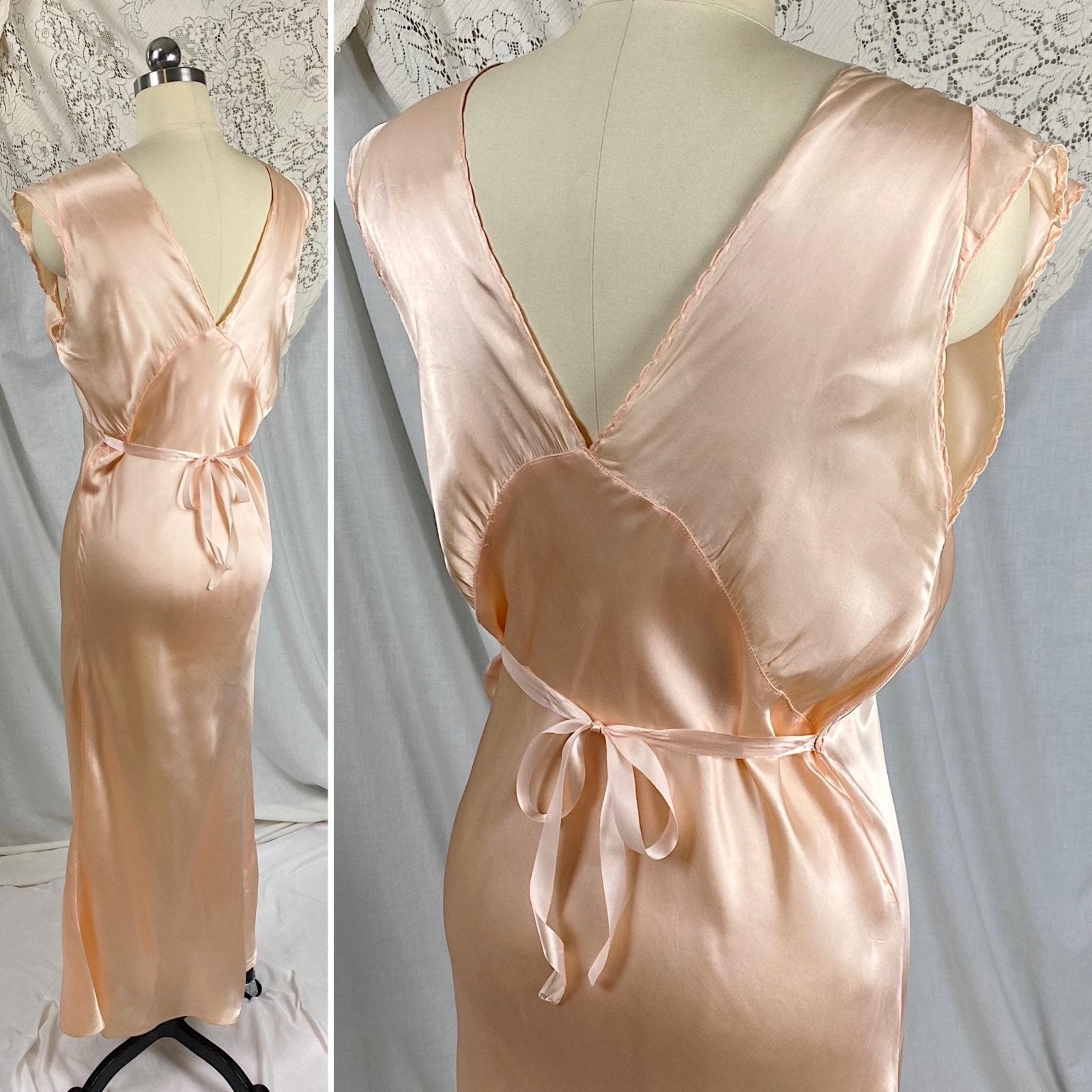 Vintage 1940's Nightgown | Rose Gold Pink Rayon Satin with Ecru Cotton Lace & Woven Ribbon Detail | Size S, M - Daggers & Dames