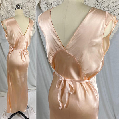 Vintage 1940's Nightgown | Rose Gold Pink Rayon Satin with Ecru Cotton Lace & Woven Ribbon Detail | Size S, M - Daggers & Dames