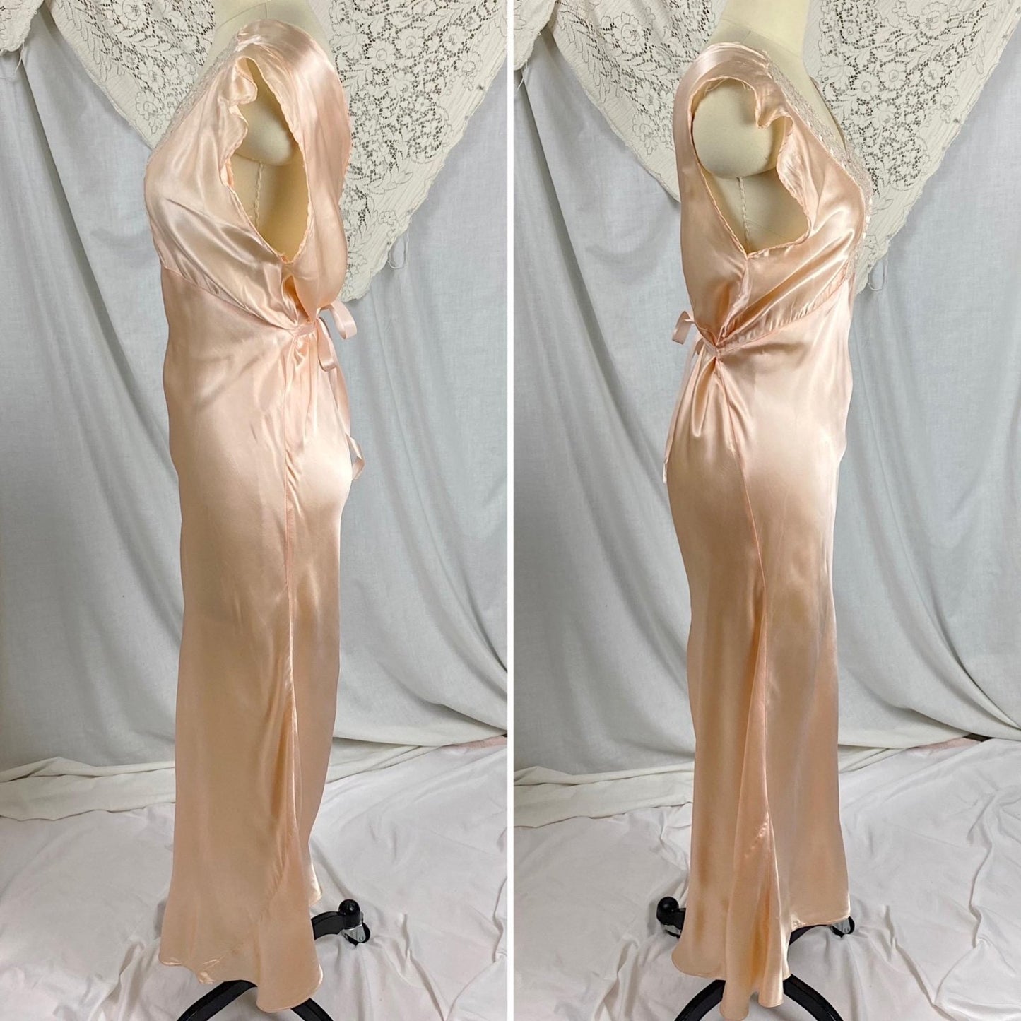 Vintage 1940's Nightgown | Rose Gold Pink Rayon Satin with Ecru Cotton Lace & Woven Ribbon Detail | Size S, M - Daggers & Dames
