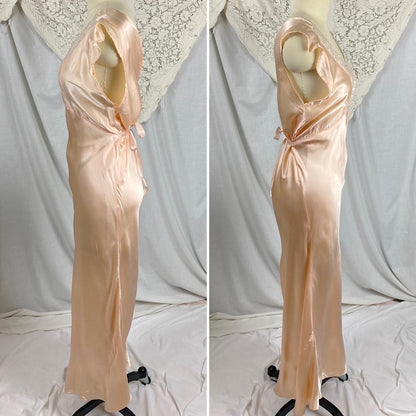 Vintage 1940's Nightgown | Rose Gold Pink Rayon Satin with Ecru Cotton Lace & Woven Ribbon Detail | Size S, M - Daggers & Dames