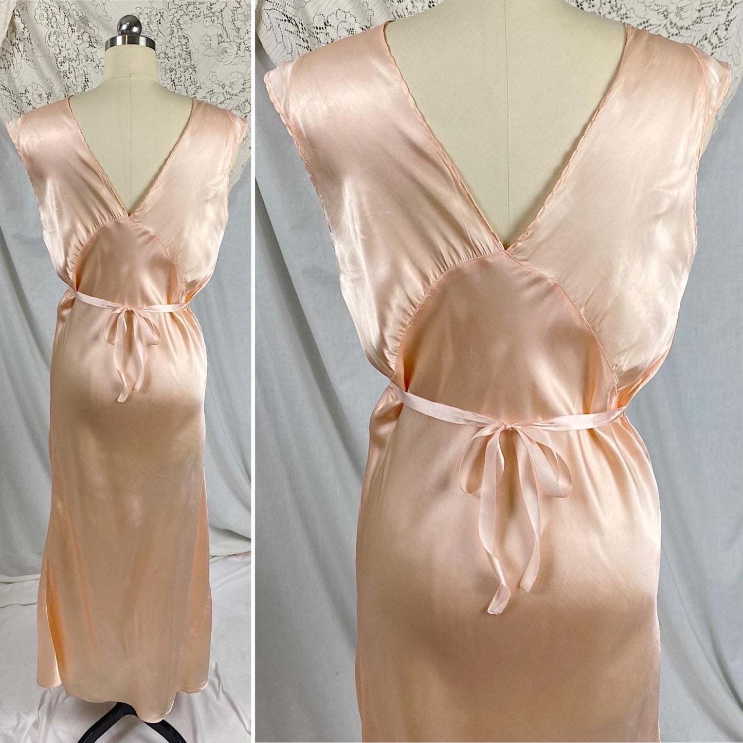 Vintage 1940's Nightgown | Rose Gold Pink Rayon Satin with Ecru Cotton Lace & Woven Ribbon Detail | Size S, M - Daggers & Dames