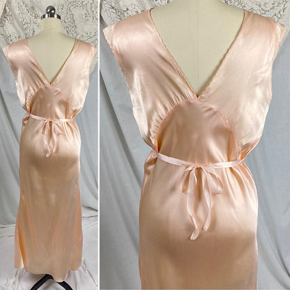 Vintage 1940's Nightgown | Rose Gold Pink Rayon Satin with Ecru Cotton Lace & Woven Ribbon Detail | Size S, M - Daggers & Dames
