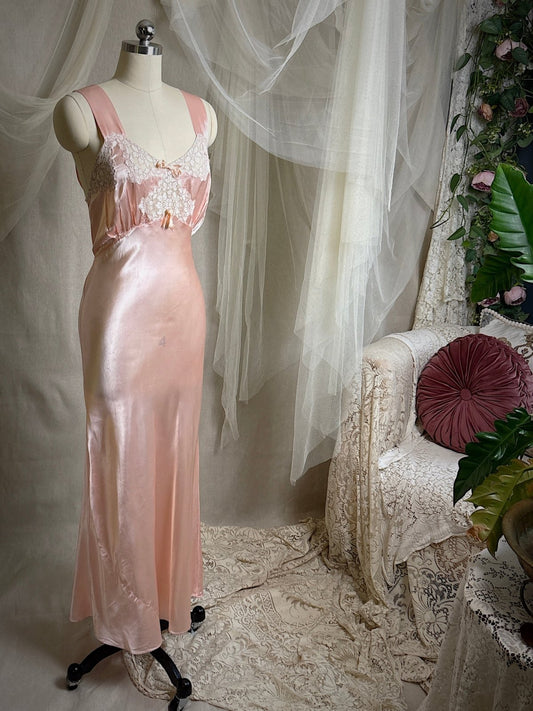 Vintage 1940's Nightgown - Rose Pink Rayon Satin with Nude Cotton Lace Appliqués & Geo Stitch back | XS - Daggers & Dames
