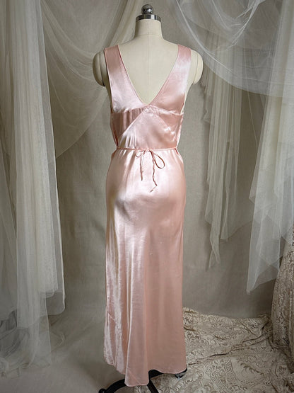 Vintage 1940's Nightgown - Rose Pink Rayon Satin with Nude Cotton Lace Appliqués & Geo Stitch back | XS - Daggers & Dames