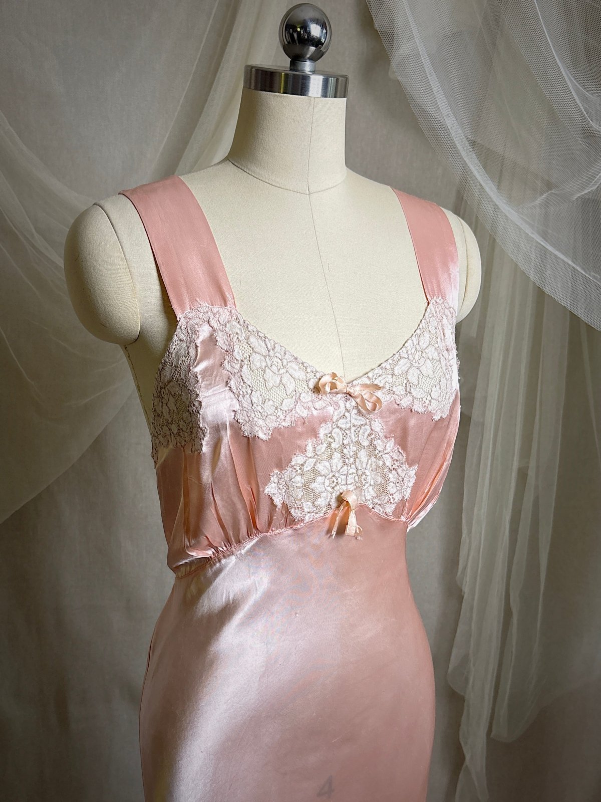 Vintage 1940's Nightgown - Rose Pink Rayon Satin with Nude Cotton Lace Appliqués & Geo Stitch back | XS - Daggers & Dames