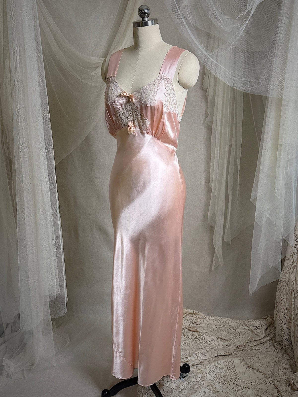 Vintage 1940's Nightgown - Rose Pink Rayon Satin with Nude Cotton Lace Appliqués & Geo Stitch back | XS - Daggers & Dames