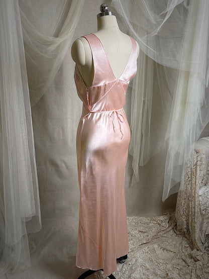 Vintage 1940's Nightgown - Rose Pink Rayon Satin with Nude Cotton Lace Appliqués & Geo Stitch back | XS - Daggers & Dames