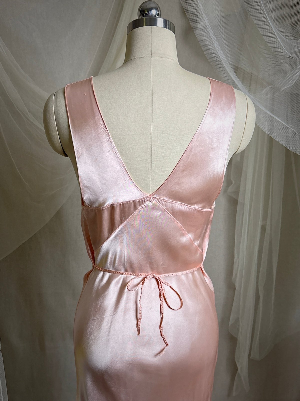 Vintage 1940's Nightgown - Rose Pink Rayon Satin with Nude Cotton Lace Appliqués & Geo Stitch back | XS - Daggers & Dames