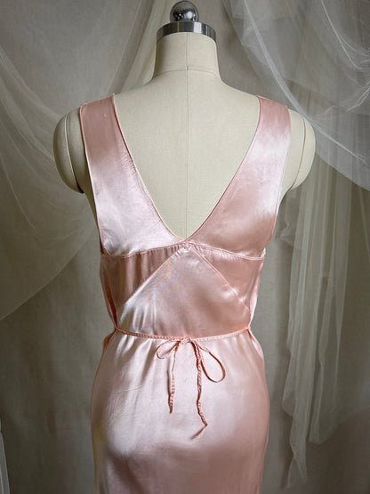 Vintage 1940's Nightgown - Rose Pink Rayon Satin with Nude Cotton Lace Appliqués & Geo Stitch back | XS - Daggers & Dames